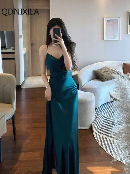 Women's Satin Open Back Dress, Spaghetti Strap, Slim Fit, Monochromatic, Party Dresses, Sensual, Sexy, New,Summer Dress