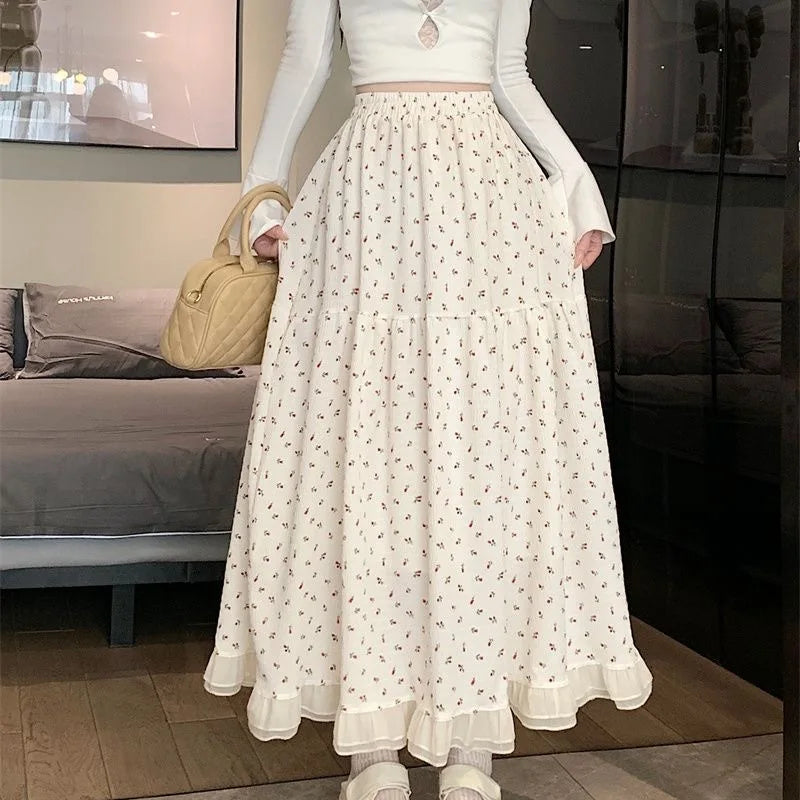 2024 New White Floral Skirt with High Waist Mid Length Design for Spring and Summer Niche Long Skirt Irregular Fairy Skirt