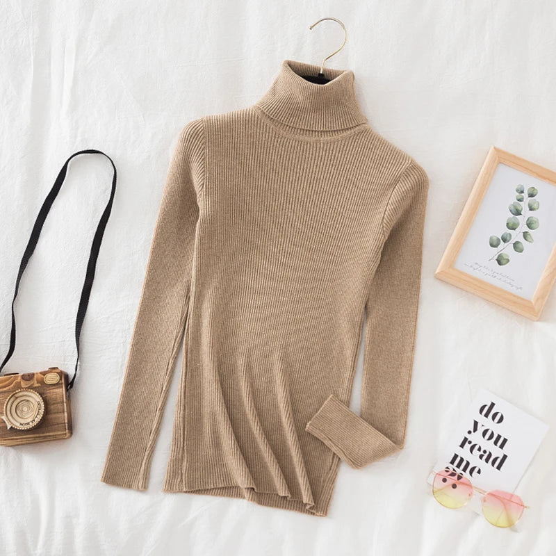 Autumn Winter Turtleneck Women Pullover Sweater Basic Solid Slim Fit Stretch Soft Ribbed Knitted Top Casual Woman Sweaters