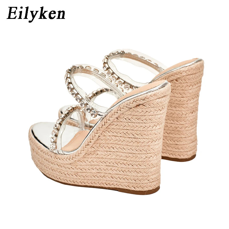 Eilyken 2025 New CRYSTAL Platform Wedges Slippers Summer Peep Toe Shoes Woman Sexy Super High Mules Female Sandals