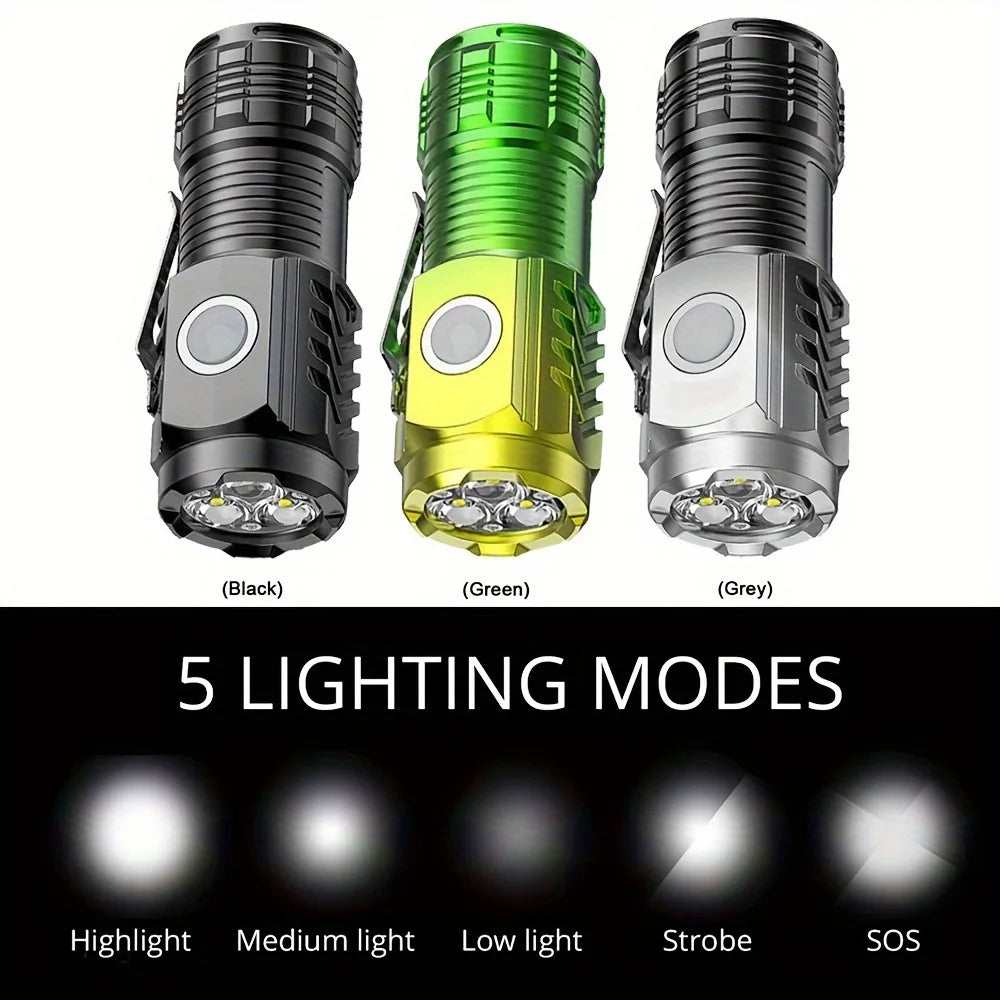 Tactical LED Mini Flashlight Outdoor 3 LEDs Torch Clip Magnet USB Rechargeable Work Light 5 Modes for Hiking Camping Car Repair