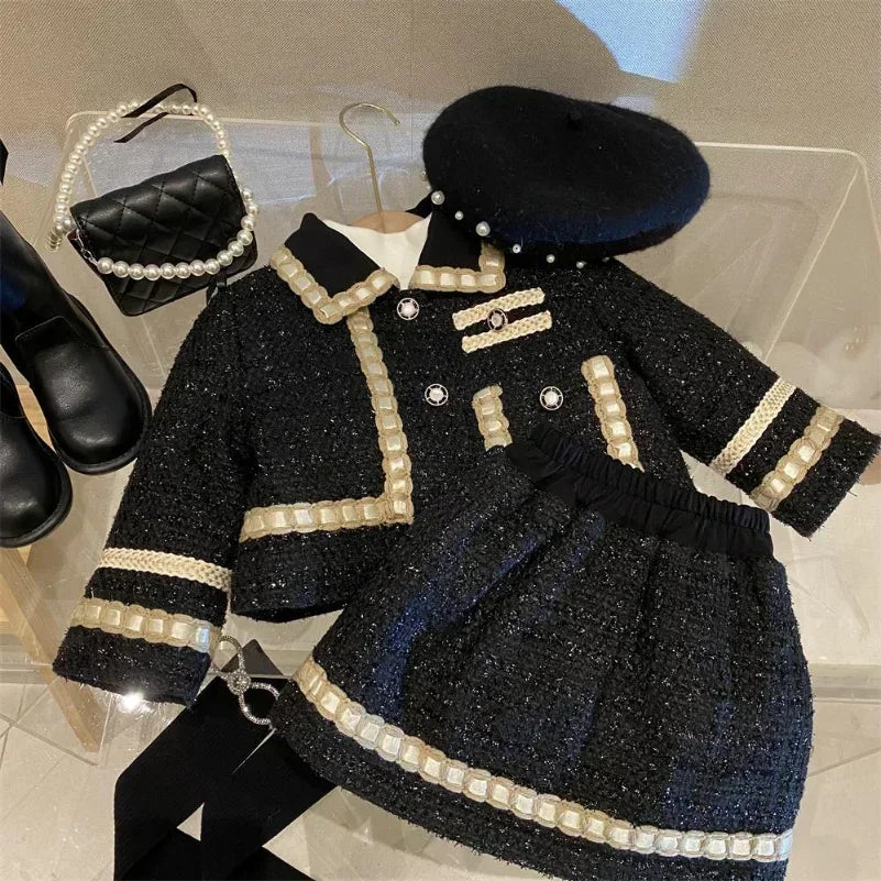 New Girl 2 Piece Tweed Set Winter Suit Clothes for 1-10Years Children's Cotton Padded Jacket Coat+Skirt Kids Classic Outfits