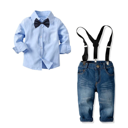 Spring Autumn Gentleman Outfit 1 2 3 4 5 6 7Years Boy Solid Long Sleeve Shirt with Denim Jeans Set Kid Children Birthday Clothes