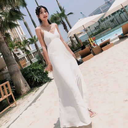 Summer New Arrival Bohemia Seaside Beach Vacation Travel Silm Slim Looking Backless Long Sling Dress Fairy