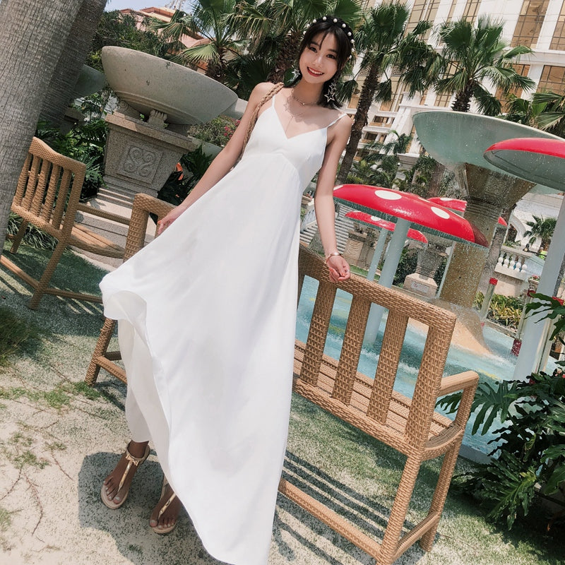 Summer New Arrival Bohemia Seaside Beach Vacation Travel Silm Slim Looking Backless Long Sling Dress Fairy