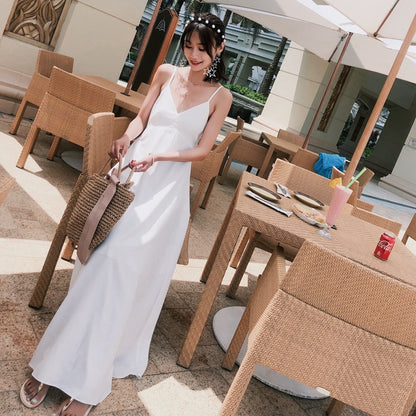 Summer New Arrival Bohemia Seaside Beach Vacation Travel Silm Slim Looking Backless Long Sling Dress Fairy