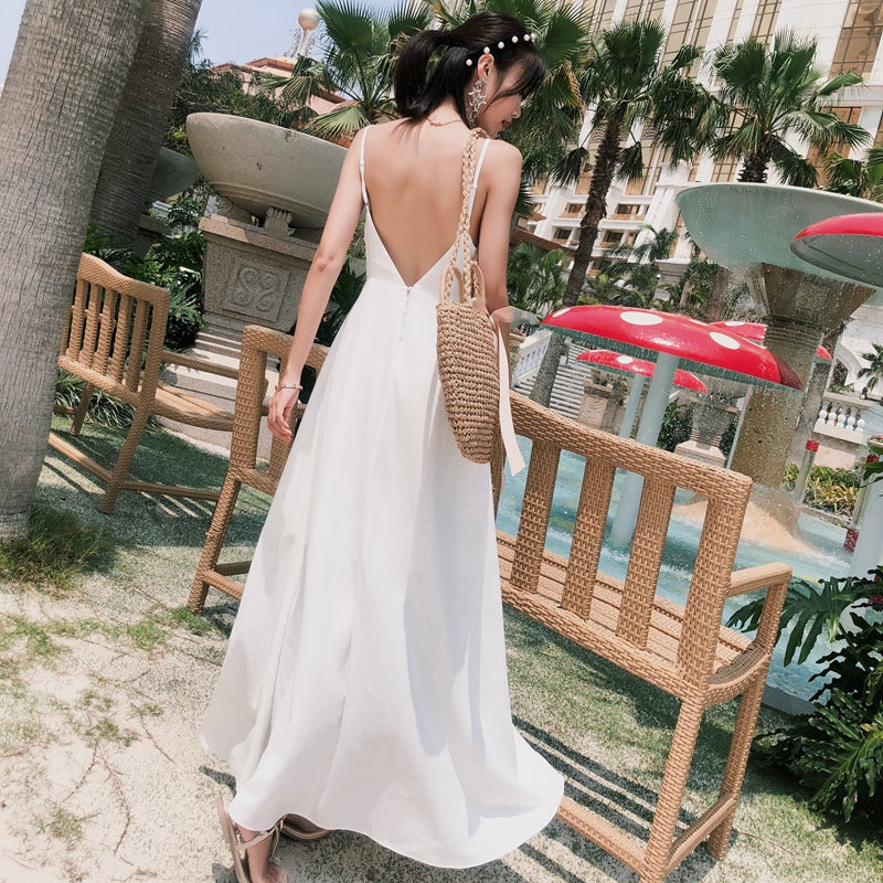 Summer New Arrival Bohemia Seaside Beach Vacation Travel Silm Slim Looking Backless Long Sling Dress Fairy