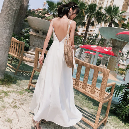 Summer New Arrival Bohemia Seaside Beach Vacation Travel Silm Slim Looking Backless Long Sling Dress Fairy