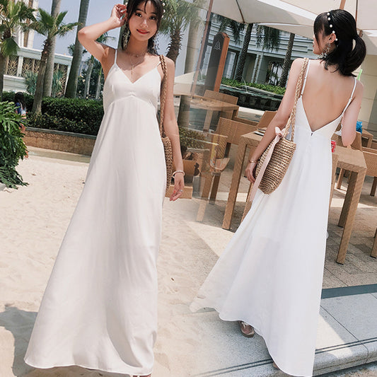 Summer New Arrival Bohemia Seaside Beach Vacation Travel Silm Slim Looking Backless Long Sling Dress Fairy