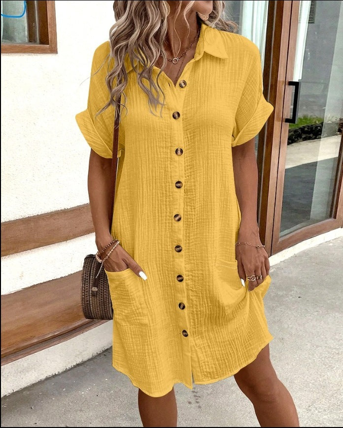 Summer Short Sleeve Shirt Dress Fashion Solid Color Single-breasted Mid-length Loose Dress